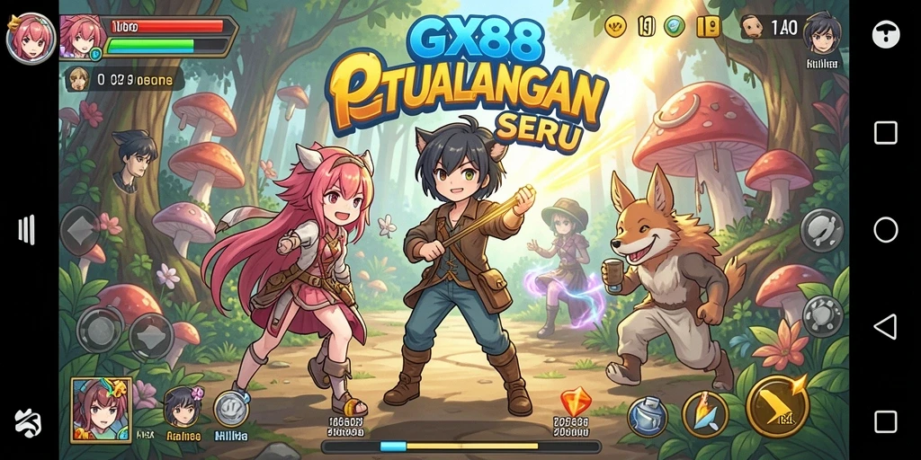 Tangkapan layar utama GX88 menampilkan aksi seru dalam gaya anime.