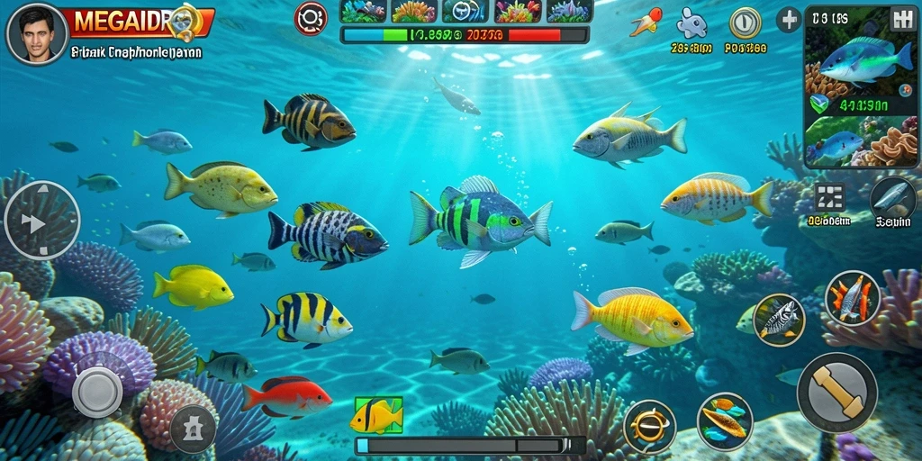 Screenshot permainan MEGAIDR menunjukkan aksi menangkap ikan yang seru.