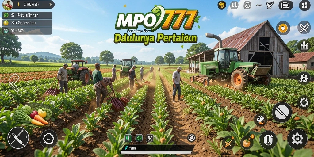 Screenshot utama MPO777 menampilkan lahan pertanian yang subur dan beragam tanaman.