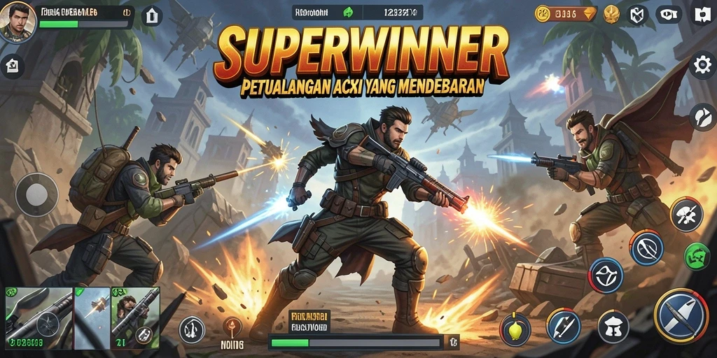 Tangkapan layar utama SUPERWINNER menunjukkan aksi seru di dalam permainan.