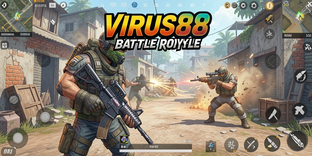 Screenshot gameplay VIRUS88 yang menunjukkan pertarungan seru di arena Battle Royale.