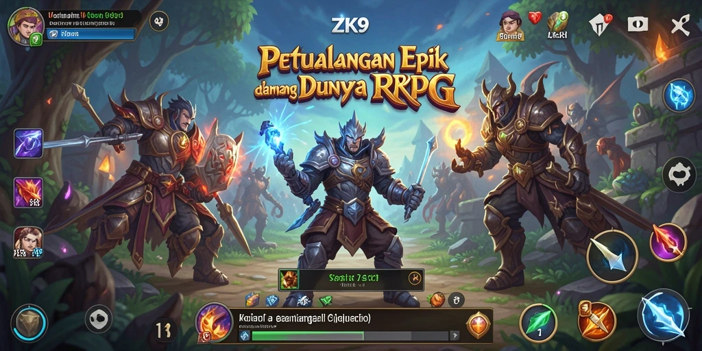 Screenshot ZK9 menampilkan karakter bertempur di arena epik RPG.
